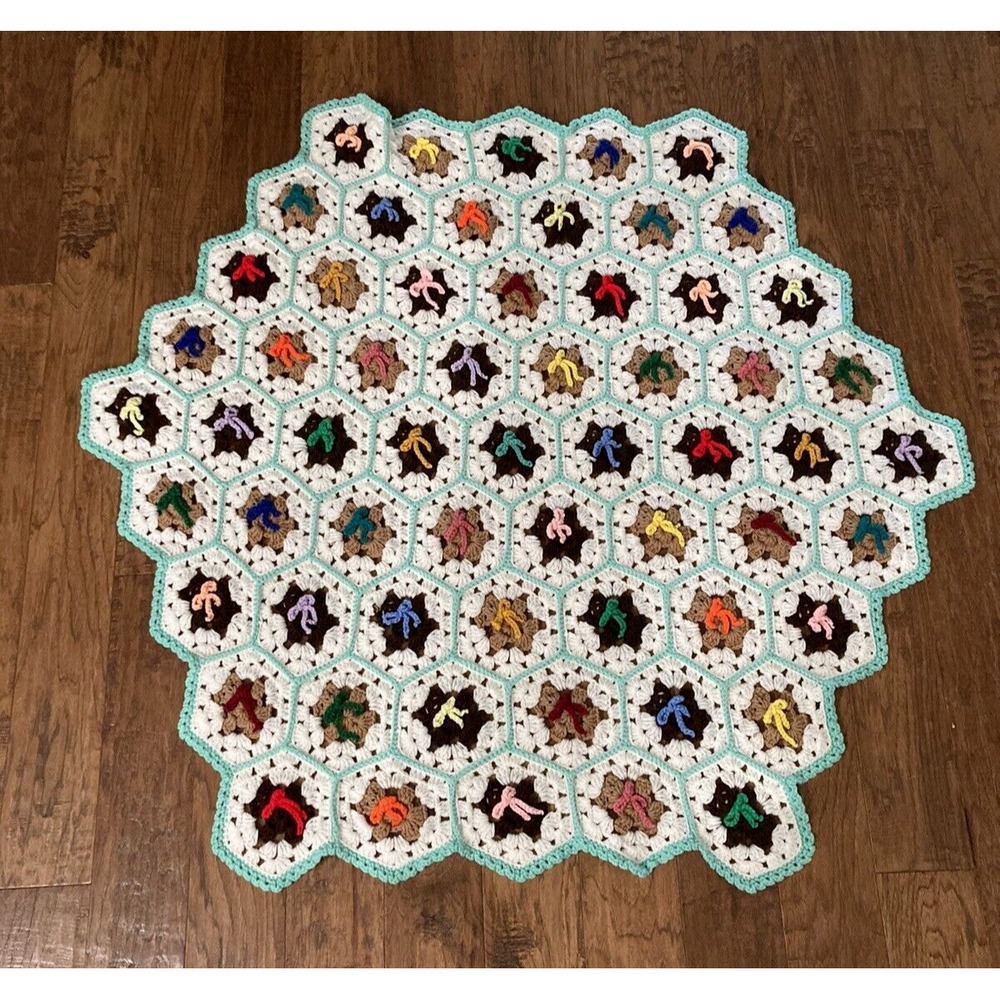 Handmade Crocheted Bears & Bows Baby Afghan Blanket Quilt CLEAN Cute 48" x 50"